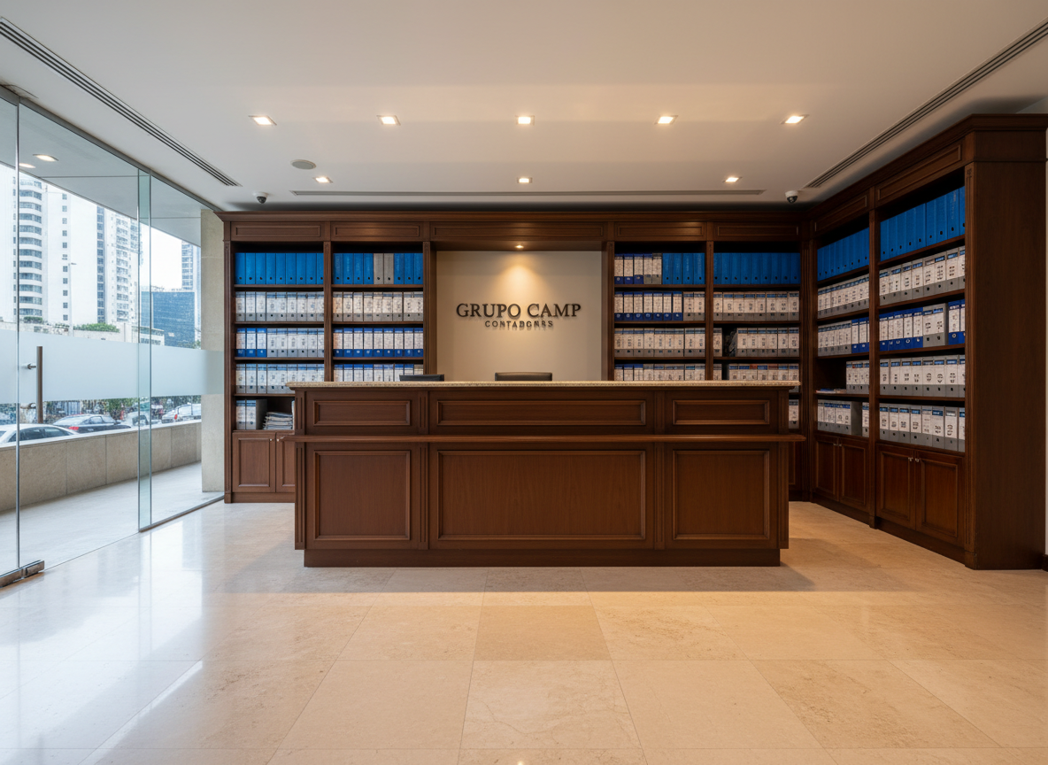 A panoramic view of a sophisticated accounting office reception area, completely empty of people, with a dark wood reception counter featuring a discretely engraved “Grupo Camp Contadores” nameplate. Behind the counter, a wall with built-in shelves displays neatly arranged blue and gray document boxes, labeled with fiscal years and SAT forms. The floor is polished stone in light beige, reflecting the warm, indirect ceiling lighting that creates soft highlights and no harsh shadows. A glass door on the side reveals a suggestion of an urban business district outside, slightly blurred. Photographic realism, wide-angle, straight-on composition, professional and welcoming mood suitable for a trusted tax advisory firm.