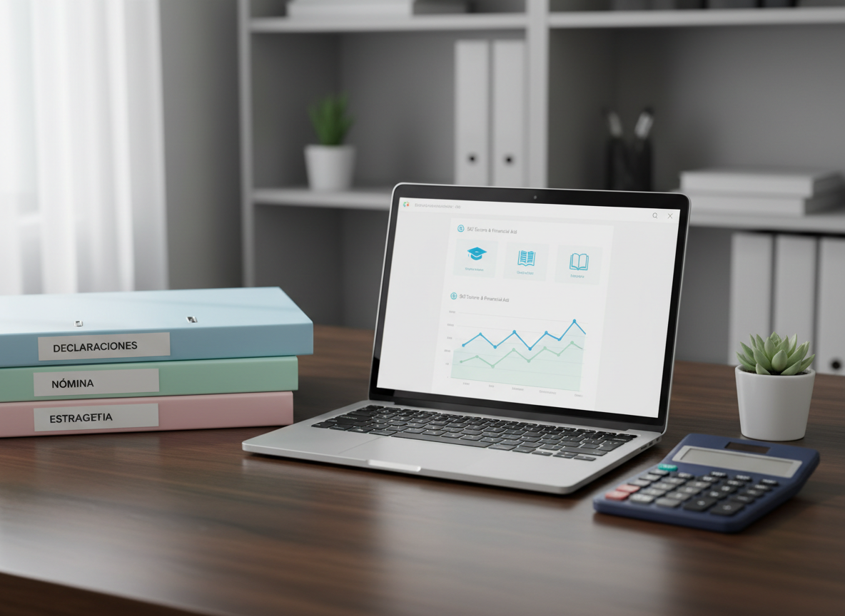 A sleek, organized accountant’s desk without any people, featuring a slim silver laptop displaying a clean financial dashboard with graphs and SAT-related icons, surrounded by neatly stacked pastel-colored folders labeled “Declaraciones”, “Nómina”, and “Estrategia”. A polished dark wood surface reflects subtle highlights from soft daylight entering through an unseen window. A small, modern potted plant and a closed blue calculator add balance without clutter. Photographic realism with a professional, trustworthy mood, shot at eye level with shallow depth of field so the laptop screen is in crisp focus while the background office shelves and binders blur into a calm, neutral backdrop in cool gray and white tones.