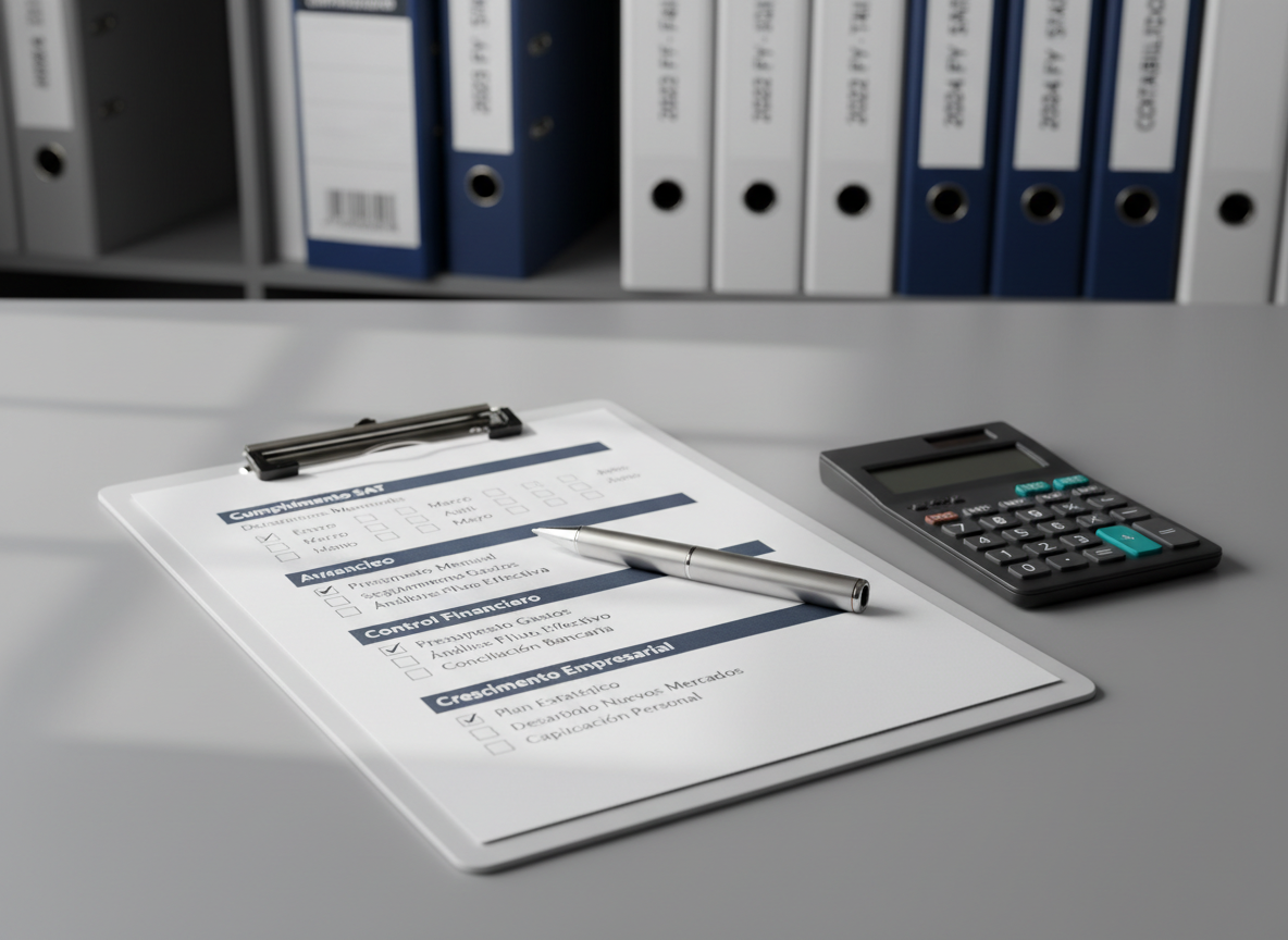 A close-up of an elegant white clipboard resting on a smooth gray desk, holding neatly aligned checklists titled “Cumplimiento SAT”, “Control Financiero”, and “Crecimiento Empresarial” in Spanish, each with boxes carefully marked. A high-quality metal pen lies diagonally across the page, and a slim calculator with a dark matte finish sits nearby. Diffused natural light from the left casts gentle shadows and subtle reflections, giving the scene depth. Background shows out-of-focus shelves with ring binders in navy and white, labeled with years and fiscal periods. Photographic realism, rule-of-thirds composition, calm and precise atmosphere that conveys reliability and meticulous tax accounting.