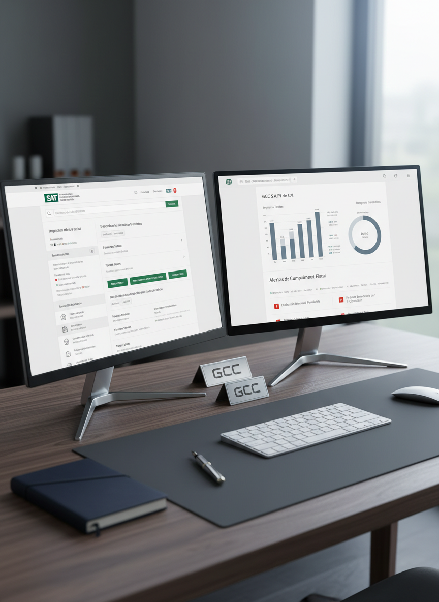 An elegant dual-monitor workstation on a dark walnut desk, no people present, displaying on one screen a detailed SAT portal page and on the other a clean financial dashboard with key performance indicators and tax compliance alerts in Spanish. Between the monitors sits a discreet metallic logo plaque reading “GCC”. A wireless keyboard, minimalist mouse, and a slim notebook with a fountain pen are arranged with geometric precision. Cool daylight from a large unseen window to the right creates gentle reflections on the screens and a subtle rim light along the monitor edges. Photographic realism, three-quarter angle shot, professional, tech-savvy atmosphere highlighting modern tools for tax and accounting control.