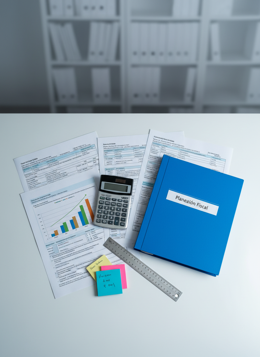 A detailed still life of printed Mexican tax forms, spreadsheets, and a closed blue folder labeled “Planeación Fiscal” spread in a carefully arranged manner on a matte white table. A graph printed in color shows ascending bars representing business growth alongside neatly annotated margins. A compact, modern desk calculator, a metal ruler, and color-coded sticky notes create a sense of structured strategy. Cool, bright overhead lighting produces clear, soft-edged shadows, emphasizing clarity and organization. Background is a minimalist light-gray wall with a faint shadow of a bookshelf, keeping focus on the documents. Photographic realism, overhead bird’s-eye view, clean and modern aesthetic that conveys analytical precision in fiscal accounting.