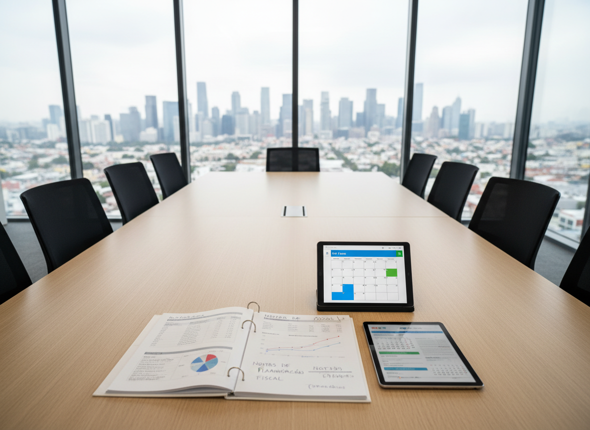 An immaculate conference table in a modern corporate meeting room, free of people, displaying an open binder with printed financial statements, detailed cash flow charts, and tax planning notes in Spanish. Beside it sits a tablet showing a calendar with SAT deadlines highlighted in blue and green. The table is a light oak surface with subtle grain, surrounded by glass walls through which blurred city buildings are visible. Soft, even daylight fills the room, creating minimal shadows and a calm, controlled atmosphere. Photographic realism, slightly elevated angle, wide composition emphasizing order, transparency, and strategic planning for Mexican fiscal accounting.